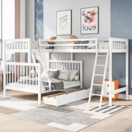 L-Shaped Twin over Full Bunk Bed and Twin Size Loft Bed with Two Storage Drawers (Color: White)