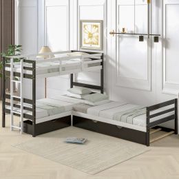 Twin Size L-Shaped Bunk Bed and Platform Bed with Trundle and Drawer(Expected Arrival Time:7.30) (Color: Espresso)