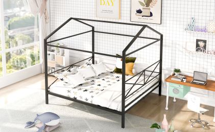 Queen Size Metal House Shape Platform Bed (Color: Black)