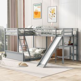 Twin over Full Bunk Bed with Twin Size Loft Bed with Desk and Slide,Full-Length Guardrail (Color: Gray)