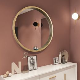 Circle Mirror with Wood Frame, Round Modern Decoration Large Mirror for Bathroom Living Room Bedroom Entryway, Walnut Natural, 30" (Color: Brown)