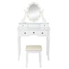 Vanity Table Set w/ 12 LED Bulbs & Cushioned Stool, Makeup Dressing Table w/ Lighting Mirror & 5 Drawers, Removeable 360Â° Rotating Mirror, Modern Wri