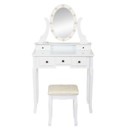 Vanity Table Set w/ 12 LED Bulbs & Cushioned Stool, Makeup Dressing Table w/ Lighting Mirror & 5 Drawers, Removeable 360Â° Rotating Mirror, Modern Wri (Color: White)