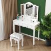 Makeup Vanity Table, Trifold Mirror, Wooden Dresse With Stool&4 Drawers XH