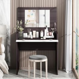 Vanity Make-up Dressing Table with Flip up Mirror Top Spacious Storage Vanity Table, Ebony and White XH (Color: ebony + white)