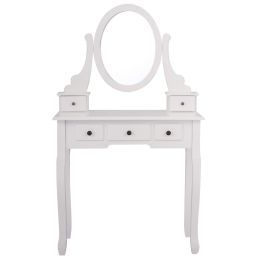 Makeup Desk Vanity Dressing Table Set W/ Round Mirror Stool 5 Storage Drawers (Color: White)