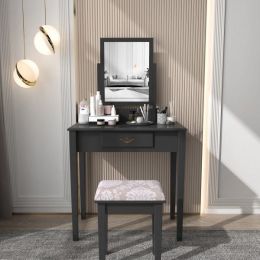 53.5''H Elegant Wood Makeup Vanity Set Dressing Table Furniture with Rotating Rectangular Mirror and Drawer, Black XH (Color: Black)