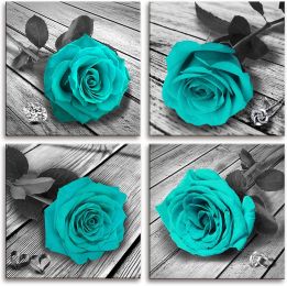 Teal Decor Wall Art for Bedroom Black and White Turquoise Rose Flower Paintings Pictures Living Room Bathroom Accessories Canvas Prints Home Decoratio (size: 12x12inchx4pcs)