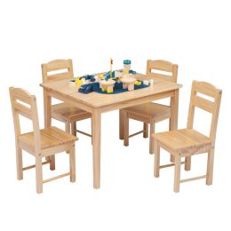 Kids Wooden Table and 4 Chair Set, 5 Pieces Set Includes 4 Chairs and 1 Activity Table, Toddler Table for 3-7 Years, Playroom Furniture, Picnic Table (Color: Natural)