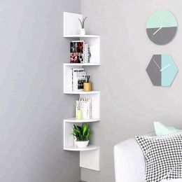 Wood Corner 5 Tiers Wall Shelf Zig Zag Wooden Shelves Wooden Mount Rack Home Furniture Walnut Floating Shelves Wall Mounted, Rustic Wall Shelves for B (Color: White)