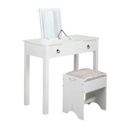 Vanity Set Table with Flip Top Mirror, Makeup Dressing Table with 2 Drawers, 3 Storage Organizers Dividers, Cushioned Stool, White XH (Color: White)