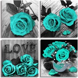 Large Teal Rose Flowers Canvas Prints Black and White Wall Art Turquoise Floral Pictures for Home Bedroom Bathroom Decoration (size: 16x16inchesx4pcs)