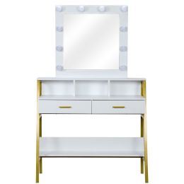 Vanity Table with LED Lights, Makeup Dressing Table with with 2 Storage Shelf for Bedroom Makeup Vanity Desk (Color: White)