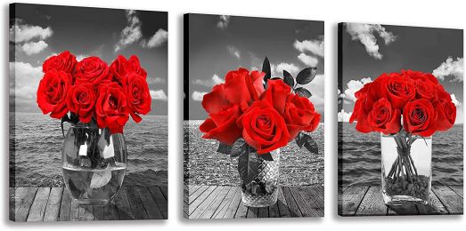 Red Rose Pictures for Living Room Black and Red Wall Art Modern Artwork for Bedroom Bathrooms Decor (size: 12x16inchx3pcs)