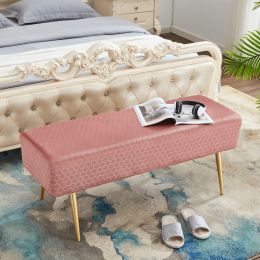 45.7 Inches Velvet Ottoman Rectangular Bench Footstool, with Golden Metal Legs and Non-Slip Foot Pads for Living Room Bedroom Entryway XH (Color: Pink)