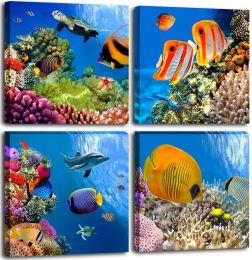 Bathroom Canvas Wall Art Sea Turtle Wall Decor for Living Room Colorful Fish Coral Dolphin Ocean Theme Underwater World Pictures for Bedroom Navy Seas (size: 12x12inchx4pcs)