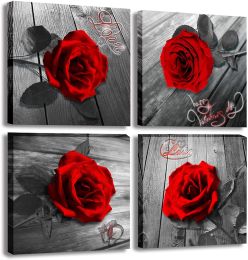 Red Rose Canvas Wall Art Flower Canvas Print Black and White Wall Paintings for Bedroom Bathroom Couple Love Women Valentines Gift Home Decor Artwork (size: 12x12inchx4pcs)