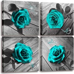 Canvas Wall Art Teal Blue Rose Canvas Prints Black and White Turquoise Floral Artwork Modern Frame Flower Pictures Canvas Art Wall Decor for Bedroom L (size: 12x12inchx4pcs)