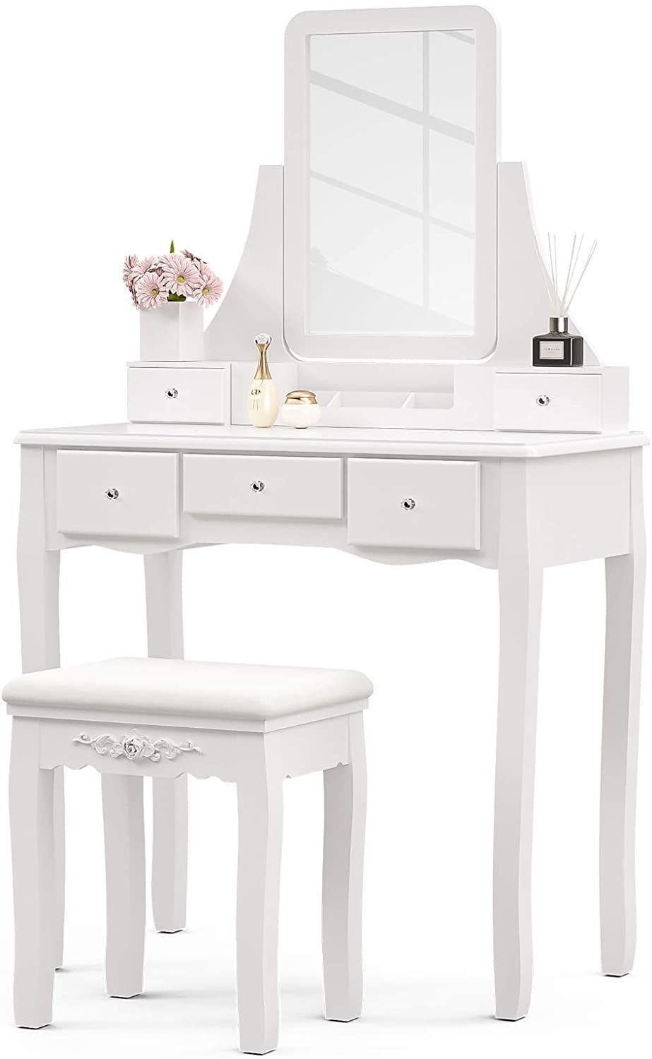 Mecor Makeup Vanity w/Square Mirror, White Vanity Set with Cushioned Stool,Wood Dressing Table with 5 Drawers,3 Removable Dividers Girls Women Bedroom Mecor Makeup Vanity w/Square Mirror, White Vanity Set with Cushioned Stool,Wood Dressing Table with 5 Drawers,3 Removable Dividers Girls Women Bedroom