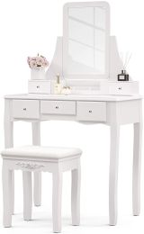 Mecor Makeup Vanity w/Square Mirror, White Vanity Set with Cushioned Stool,Wood Dressing Table with 5 Drawers,3 Removable Dividers Girls Women Bedroom (Color: White)