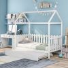 Twin Size House Bed with trundle, Fence-shaped Guardrail, White