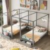 Double Shared Twin Size Canopy Platform Beds with Two Drawers and Built-in Desk