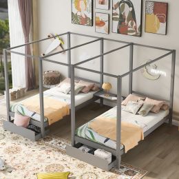 Double Shared Twin Size Canopy Platform Beds with Two Drawers and Built-in Desk (Color: Gray)