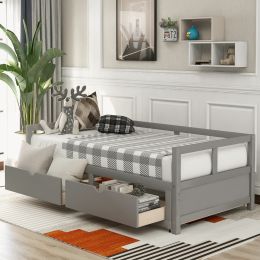 Wooden Daybed with Trundle Bed and Two Storage Drawers , Extendable Bed Daybed,Sofa Bed for Bedroom Living Room (Color: Gray)