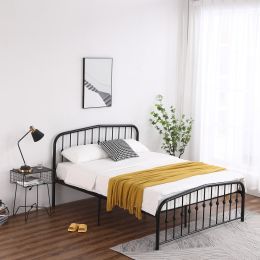 Single-Layer Curved Frame Bed Head and Foot Center Raised Vertical Pipe with Ball Decoration Full Black Iron Bed  RT (Color: Black)