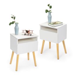 Set of 2 Modern Nightstand, Bedroom Endtable with Drawer, Shelf, Bedside Furniture for Living Room, (Color: White)