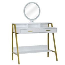 FCH LED Three-Color Touch Round Mirror With 2 Drawers, With Shelf And Steel Frame Dressing Table White RT (Color: White)