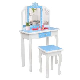 Wooden Toy Children's Dressing Table Three Foldable Mirror/Chair/Single Drawer Blue Snow Style RT (Color: Picture)