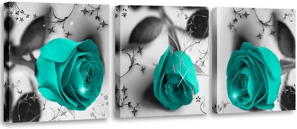 Large Turquoise Wall Art Rose Canvas Prints Black and Teal Flower Paintings Pictures for Living Room Bedroom Kitchen Home Decorations (size: 16inchesx16inchesx3pcs)