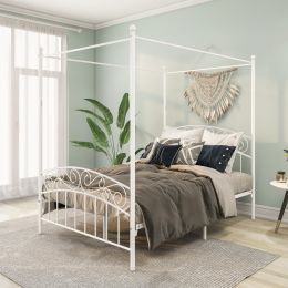 Full Size Metal Bed Frame with Headboard and Footboard Sturdy White Steel Perfectly Fits Your Mattress Easy DIY Assembly (Color: White)