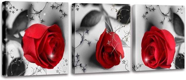 Rose Flower on Black White Canvas For Home Wall Art Decor, 3 Panels Modern Romantic Floral Framed Bedroom Decoration (Color: Red, size: 12inchx12inchx3pcs)