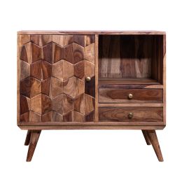 DunaWest 28 Inch 2 Drawer Rose Wood Storage Nightstand, 1 Door, Honeycomb Design, Brown (Default: Default)