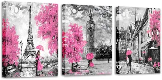 Black and White Wall Art Pink Paris Theme Canvas Art Eiffel Tower Wall Paintings London Big Ben Pictures for Bedroom Living Room Wall Decor (size: 16inchx24inchx3pieces)