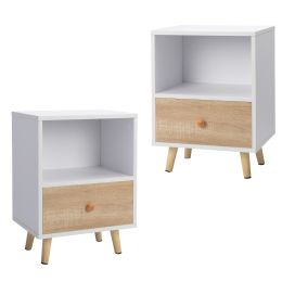 2 of Bedside Cupboard with 1 Drawer and Short Legs, End Table with Storing Shelf, Indoors XH (Color: White)