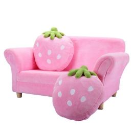 Children's Double Sofa Chair w/ 2 Strawberry Pillows and Soft Surfaces, Solid Wood Kids Upholstered Armrest Couch for Playroom Bedroom, Pink XH (Color: Pink)