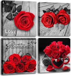 Flower Canvas Prints Wall Art Bedroom Decor,Rose Floral Pictures for bathroom Couples Bedroom Living room Decorations ,12 x 12" 4 Panels (Color: Red, size: 12inchx12inchx4pcs)