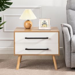 End Side Table Nightstand with Storage Drawers and Solid Wood Legs, 1PCS (Color: nature)