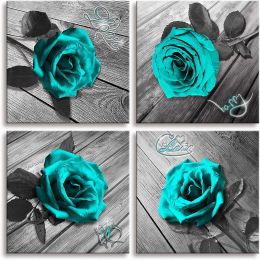 Rose Canvas Wall Art Flower Canvas Print Black and White Wall Paintings for Bedroom Living Room Decor Artwork (Color: teal, size: 12inchx12inchx4pcs)