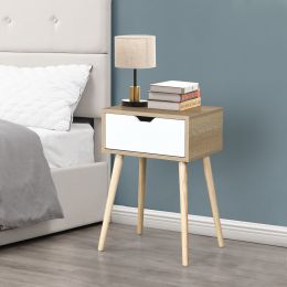 Side Table with 1 Drawer and Rubber Wood Legs, Mid-Century Modern Storage Cabinet for Bedroom Living Room Furniture, White with solid wood color (Color: Natural)