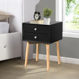 Side Table with 2 Drawer and Rubber Wood Legs, Mid-Century Modern Storage Cabinet for Bedroom Living Room Furniture, Black (Color: Black)