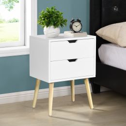 Side Table with 2 Drawer and Rubber Wood Legs, Mid-Century Modern Storage Cabinet for Bedroom Living Room Furniture, White (Color: White)