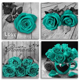 Teal Wall Decor Rose Canvas Wall Art for Bedroom Living Room Home Decor (size: 12x12inchx4pcs)