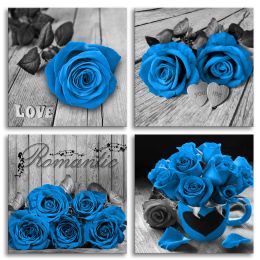 Blue Rose Canvas Wall Art Flower Canvas Prints for Bedroom Living Room Bathroom Decor 4 Pieces (size: 12x12inchx4pcs)