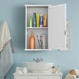 Wall Mounted  Bedroom Mirror Jewelry Cabinet Bathroom Storage Box (Color: White)