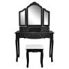 Tri-fold Mirror Dresser with Dressing Stool Black--YS