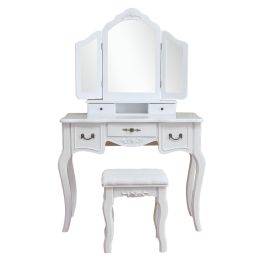 Tri-fold Mirror Dresser with Dressing Stool White--YS (Color: White)